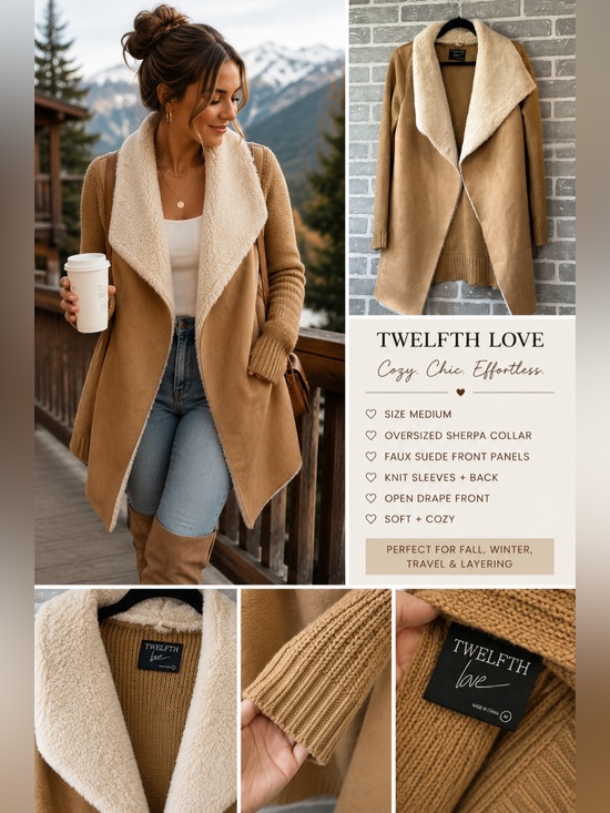 Twelfth Love Jackets & Blazers - Twelfth Love Sherpa Sweater Coat Med Camel Faux Suede Cozy Open Front Cardigan